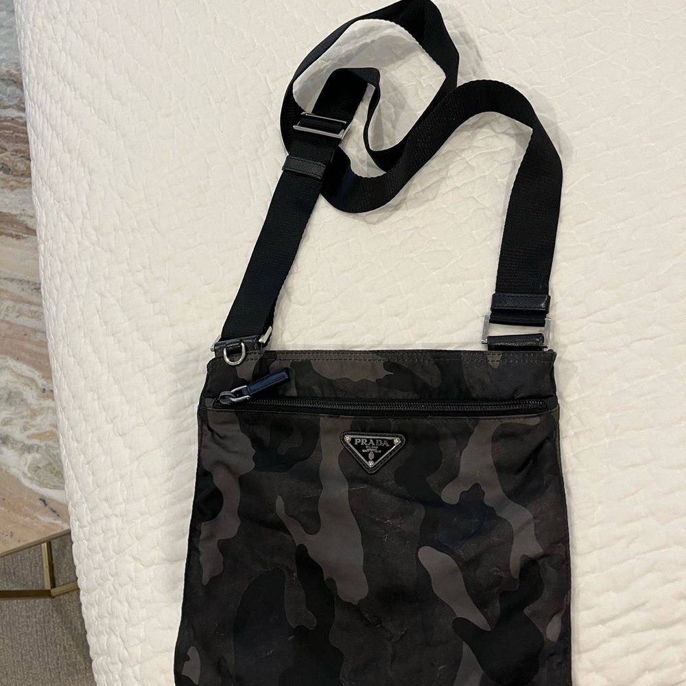 Prada Tessuto Black Camouflage small flat crossbody Bag.